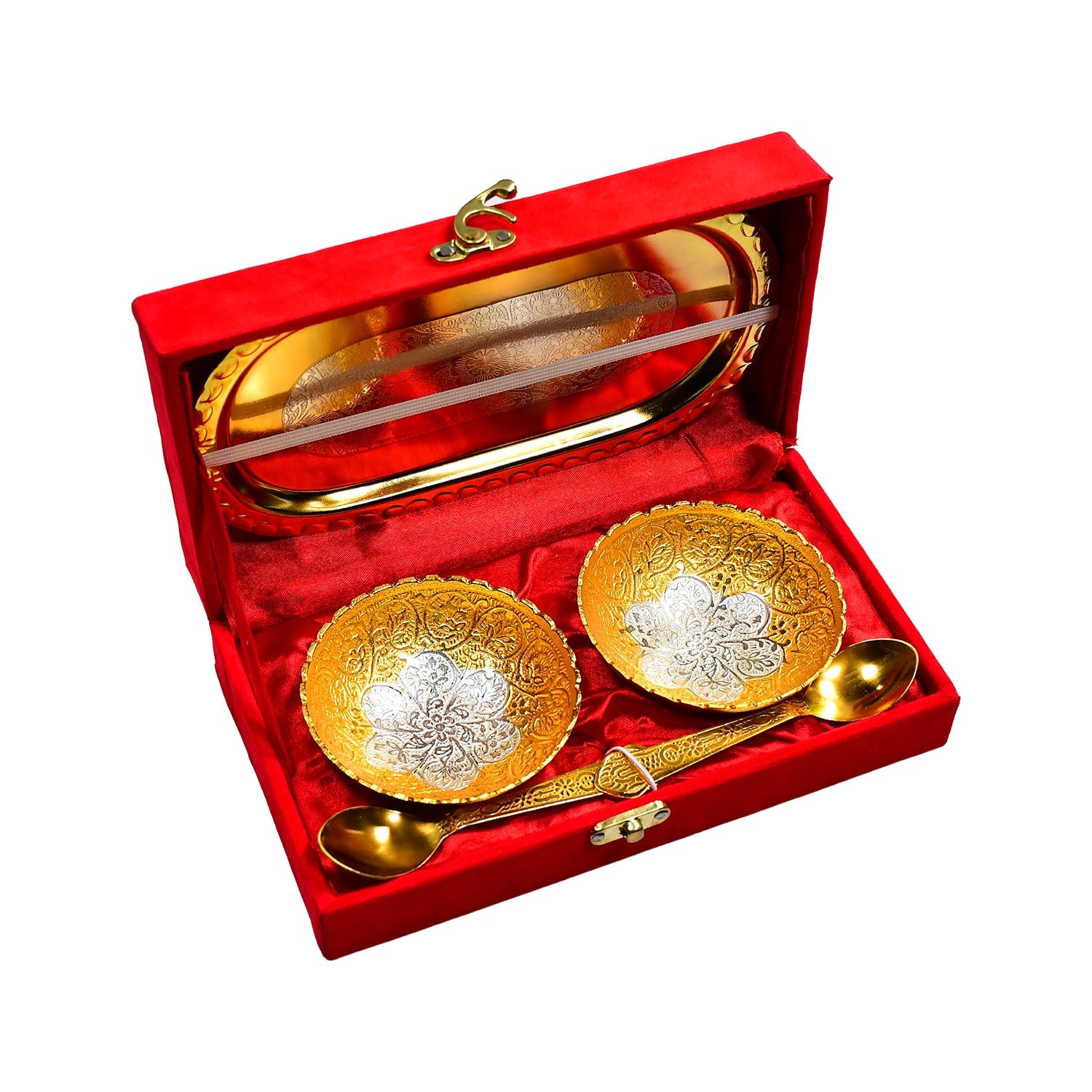 2947 Gold Silver Plated 2 Bowl 2 Spoon Tray Set Brass with Red Velvet Gift Box Serving Dry Fruits Desserts Gift DeoDap 2947 Gold Silver Plated 2 Bowl 2 Spoon Tray Set Brass with Red Velvet Gift Box Serving Dry Fruits Desserts Gift DeoDap